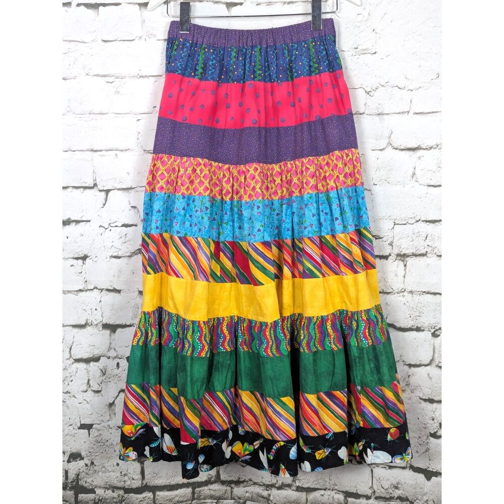 VINTAGE Handmade Tiered Prairie Peasant Boho Whimsical Festival Maxi Skirt *S/M